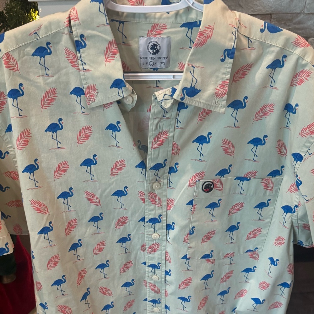 Southern Proper - Men’s Short Sleeve Flamingo Print Shirt - Light Green